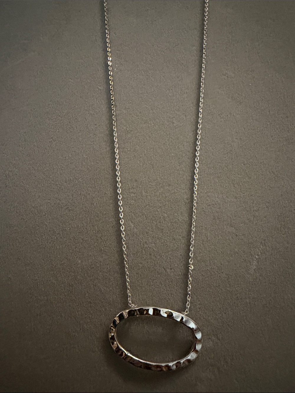 Silver Tone Hammered Oval Pendant Necklace - Silver